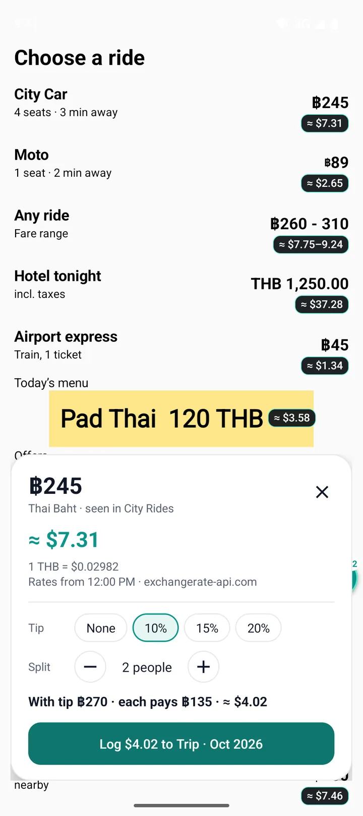 The detail card for a 245 baht fare: about 7.31 US dollars, the exchange rate, and a tip and split helper