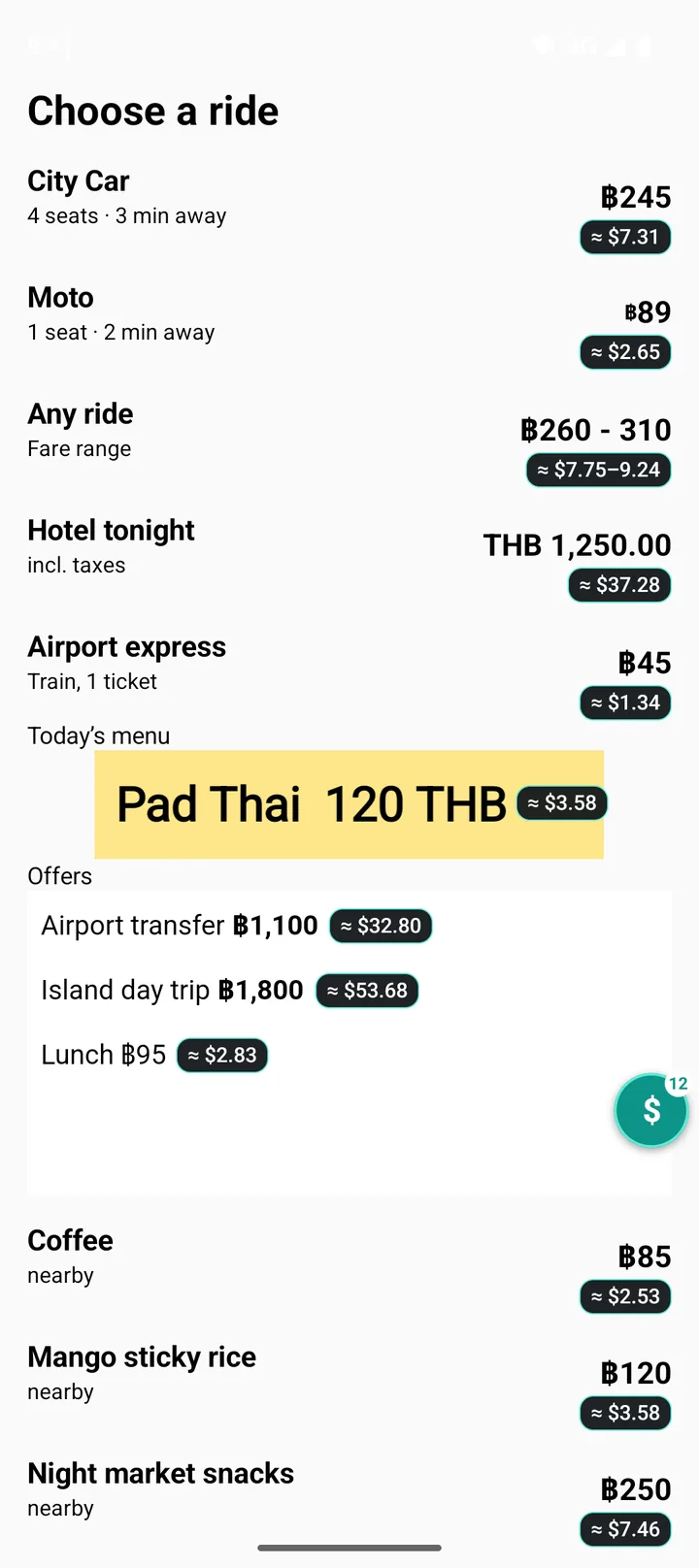 A ride booking screen in Thai baht, with a small tag under each price showing the amount in US dollars