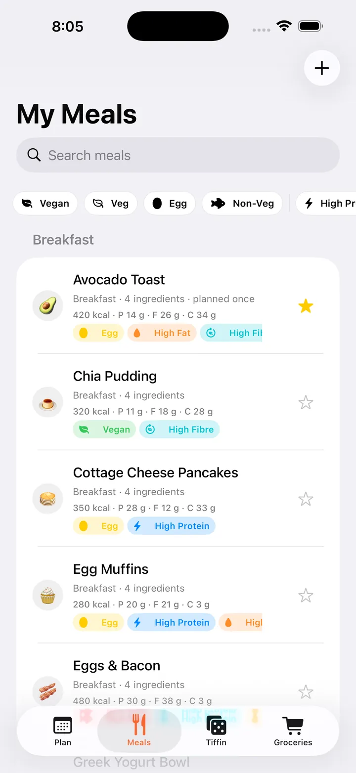 The meal library filtered by diet and macro, each meal showing its calories, protein, fat and carbs.
