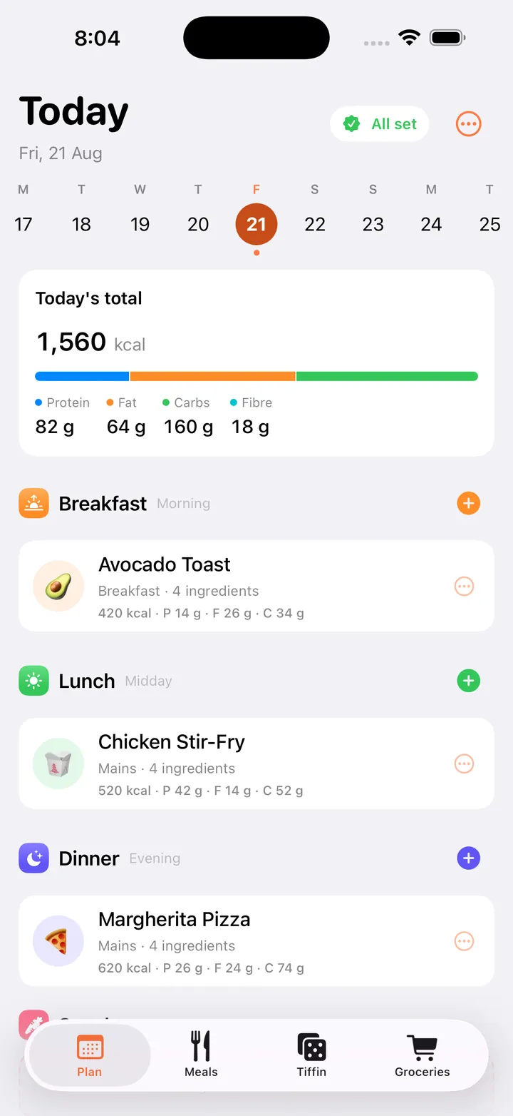 The Gobblr planner showing a full day: 1,560 calories with a macro breakdown, and avocado toast, chicken stir fry and margherita pizza planned across breakfast, lunch and dinner.